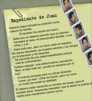 Debería haber tomado su posición como cabeza de familia. Él también ha nacido de nuevo. Sabe que no debería permitir que su esposa manejara la casa, el presupuesto familiar, a los niños y a él. Sabe todo eso, pero no hace nada al respecto. Se siente derrotado, se muestra retraído y se refugia en la televisión y los deportes. Se esconde de sus responsabilidades porque odia la confrontación. Prefiere adoptar  una actitud pasiva, pensando: “Bien, si dejo todo así, quizás se resuelva por sí solo”. O inventa excusas para no actuar diciendo: “oraré  por eso”. (Orar es bueno, pero no como un modo de evadir la realidad) Él debería estar haciendo un montón de cosas, pero él también tiene “esquemas mentales” que le abren la puerta al diablo para mantenerlo cautivo como. . . 