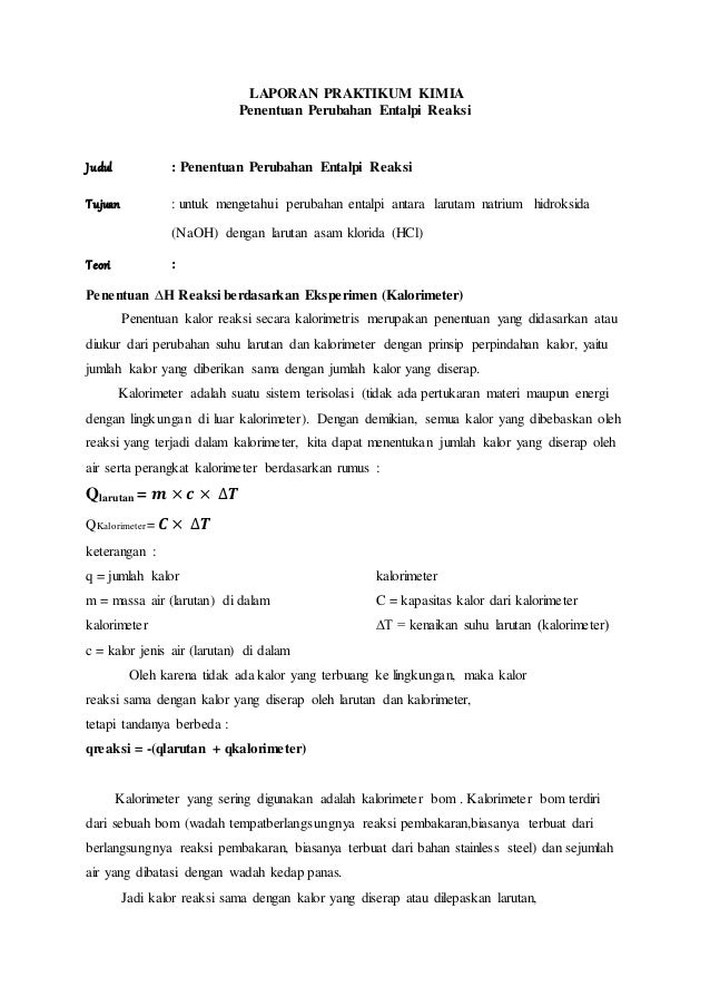 Laporan Perubahan Entalpi Reaksi Kimia