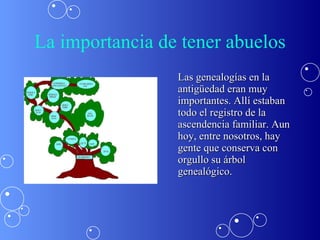 La importancia de tener abuelos Las genealogías en la antigüedad eran muy importantes. Allí estaban todo el registro de la ascendencia familiar. Aun hoy, entre nosotros, hay gente que conserva con orgullo su árbol genealógico.  