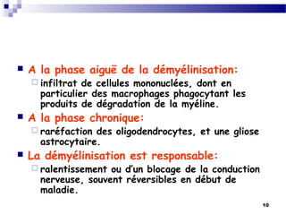 10
 A la phase aiguë de la démyélinisation:
 infiltrat de cellules mononuclées, dont en
particulier des macrophages phagocytant les
produits de dégradation de la myéline.
 A la phase chronique:
 raréfaction des oligodendrocytes, et une gliose
astrocytaire.
 La démyélinisation est responsable:
 ralentissement ou d’un blocage de la conduction
nerveuse, souvent réversibles en début de
maladie.
 