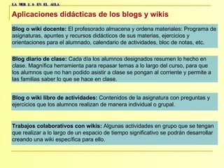 LA WEB 2.0 EN EL AULA Aplicaciones didácticas de los blogs y wikis   Blog o wiki docente:  El profesorado almacena y ordena materiales: Programa de  asignaturas, apuntes y recursos didácticos de sus materias, ejercicios y  orientaciones para el alumnado, calendario de actividades, bloc de notas, etc.  Blog diario de clase:  Cada día los alumnos designados resumen lo hecho en  clase. Magnífica herramienta para repasar temas a lo largo del curso, para que  los alumnos que no han podido asistir a clase se pongan al corriente y permite a  las familias saber lo que se hace en clase. Blog o wiki libro de actividades:  Contenidos de la asignatura con preguntas y  ejercicios que los alumnos realizan de manera individual o grupal.  Trabajos colaborativos con wikis:  Algunas actividades en grupo que se tengan  que realizar a lo largo de un espacio de tiempo significativo se podrán desarrollar  creando una wiki específica para ello.  