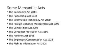 Some Mercantile Acts
• The Companies Act 2013
• The Partnership Act 1932
• The Information Technology Act 2000
• The Foreign Exchange Management Act 1999
• The Competition Act 2002
• The Consumer Protection Act 1986
• The Factories Act 1948
• The Employees Compensation Act 1923
• The Right to Information Act 2005
 