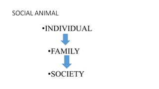 SOCIAL ANIMAL
•INDIVIDUAL
•FAMILY
•SOCIETY
 