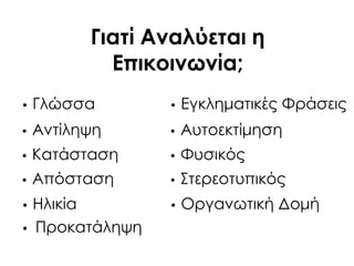 • Προκατάληψη
Γιατί Αναλύεται η
Επικοινωνία;
• Γλώσσα
• Αντίληψη
• Κατάσταση
• Απόσταση
• Ηλικία
• Εγκληματικές Υράσεις
• Αυτοεκτίμηση
• Υυσικός
• ΢τερεοτυπικός
• Οργανωτική Δομή
 