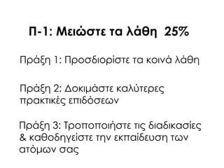 Π-1: Μειώστε τα λάθη 25%
Πράξη 1: Προσδιορίστε τα κοινά λάθη
Πράξη 2: Δοκιμάστε καλύτερες
πρακτικές επιδόσεων
Πράξη 3: Σροποποιήστε τις διαδικασίες
& καθοδηγείστε την εκπαίδευση των
ατόμων σας
 