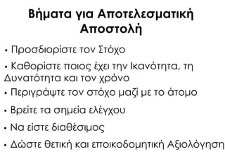 Βήματα για Αποτελεσματική
Αποστολή
• Προσδιορίστε τον ΢τόχο
• Καθορίστε ποιος έχει την Ικανότητα, τη
Δυνατότητα και τον χρόνο
• Περιγράψτε τον στόχο μαζί με το άτομο
• Βρείτε τα σημεία ελέγχου
• Να είστε διαθέσιμος
• Δώστε θετική και εποικοδομητική Αξιολόγηση
 