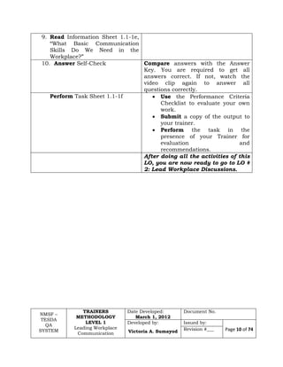 NMSF –
TESDA
QA
SYSTEM
TRAINERS
METHODOLOGY
LEVEL 1
Leading Workplace
Communication
Date Developed:
March 1, 2012
Document No.
Developed by:
Victoria A. Sumayod
Issued by:
Page 10 of 74Revision #___
9. Read Information Sheet 1.1-1e,
“What Basic Communication
Skills Do We Need in the
Workplace?”
10. Answer Self-Check Compare answers with the Answer
Key. You are required to get all
answers correct. If not, watch the
video clip again to answer all
questions correctly.
Perform Task Sheet 1.1-1f  Use the Performance Criteria
Checklist to evaluate your own
work.
 Submit a copy of the output to
your trainer.
 Perform the task in the
presence of your Trainer for
evaluation and
recommendations.
After doing all the activities of this
LO, you are now ready to go to LO #
2: Lead Workplace Discussions.
 