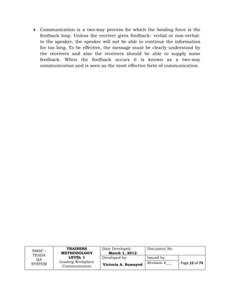 NMSF –
TESDA
QA
SYSTEM
TRAINERS
METHODOLOGY
LEVEL 1
Leading Workplace
Communication
Date Developed:
March 1, 2012
Document No.
Developed by:
Victoria A. Sumayod
Issued by:
Page 12 of 74Revision #___
 Communication is a two-way process for which the binding force is the
feedback loop. Unless the receiver gives feedback- verbal or non-verbal-
to the speaker, the speaker will not be able to continue the information
for too long. To be effective, the message must be clearly understood by
the receivers and also the receivers should be able to supply some
feedback. When the feedback occurs it is known as a two-way
communication and is seen as the most effective form of communication.
 