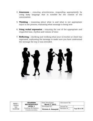 NMSF –
TESDA
QA
SYSTEM
TRAINERS
METHODOLOGY
LEVEL 1
Leading Workplace
Communication
Date Developed:
March 1, 2012
Document No.
Developed by:
Victoria A. Sumayod
Issued by:
Page 33 of 74Revision #___
4. Awareness – ensuring attentiveness, responding appropriately by
using body language that is suitable for the context of the
conversation
5. Thinking – reasoning about what is and what is not appropriate
input to the process; evaluating what message is being sent
6. Using verbal expression – ensuring the use of the appropriate and
respectful tone, rhythm and volume of voice
7. Reflecting – clarifying and verifying what your co-worker or client has
expressed, rephrasing the message to make sure you have understood
the message the way it was intended
 