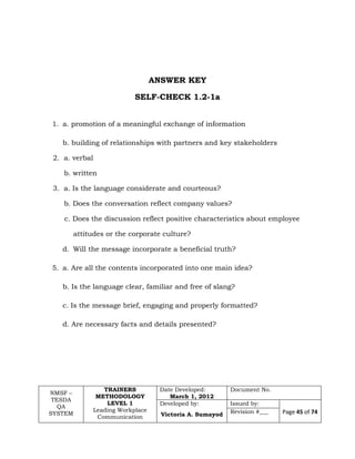 NMSF –
TESDA
QA
SYSTEM
TRAINERS
METHODOLOGY
LEVEL 1
Leading Workplace
Communication
Date Developed:
March 1, 2012
Document No.
Developed by:
Victoria A. Sumayod
Issued by:
Page 45 of 74Revision #___
ANSWER KEY
SELF-CHECK 1.2-1a
1. a. promotion of a meaningful exchange of information
b. building of relationships with partners and key stakeholders
2. a. verbal
b. written
3. a. Is the language considerate and courteous?
b. Does the conversation reflect company values?
c. Does the discussion reflect positive characteristics about employee
attitudes or the corporate culture?
d. Will the message incorporate a beneficial truth?
5. a. Are all the contents incorporated into one main idea?
b. Is the language clear, familiar and free of slang?
c. Is the message brief, engaging and properly formatted?
d. Are necessary facts and details presented?
 