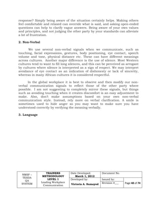 NMSF –
TESDA
QA
SYSTEM
TRAINERS
METHODOLOGY
LEVEL 1
Leading Workplace
Communication
Date Developed:
March 1, 2012
Document No.
Developed by:
Victoria A. Sumayod
Issued by:
Page 48 of 74Revision #___
response? Simply being aware of the situation certainly helps. Making others
feel comfortable and relaxed can override what is said, and asking open-ended
questions can help to clarify vague answers. Being aware of your own values
and principles, and not judging the other party by your standards can alleviate
a lot of frustration.
2. Non-Verbal
We use several non-verbal signals when we communicate, such as
touching, facial expressions, gestures, body positioning, eye contact, speech
volume and tone, physical distance etc. These can have different meanings
across cultures. Another major difference is the use of silence. Most Western
cultures tend to want to fill long silences, and this can be perceived as arrogant
by cultures where silence is interpreted as a sign of respect. We may interpret
avoidance of eye contact as an indication of dishonesty or lack of sincerity,
whereas in many African cultures it is considered respectful.
In the global workplace it is best to observe and then modify our non-
verbal communication signals to reflect those of the other party where
possible. I am not suggesting to completely mirror these signals, but things
such as avoiding touching when it creates discomfort is an easy adjustment to
make. Also, don’t make assumptions based on your own non-verbal
communication style. Instead, rely more on verbal clarification. A smile is
sometimes used to hide anger so you may want to make sure you have
understood correctly by verifying the meaning verbally.
3. Language
 
