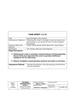 NMSF –
TESDA
QA
SYSTEM
TRAINERS
METHODOLOGY
LEVEL 1
Leading Workplace
Communication
Date Developed:
March 1, 2012
Document No.
Developed by:
Victoria A. Sumayod
Issued by:
Page 58 of 74Revision #___
TASK SHEET 1.2-1d
Title : Lead Workplace Discussions
Performance Objective : Following the steps to strategic communications and
dissemination, you should be able to lead workplace
discussions
Supplies/Materials : CBLM, White Board, White Board Pen, Bond Paper,
Ball pen
Equipment : PC, Printer with ink, LCD Projector
Steps/Procedures:
1. Following the steps to strategic communications and dissemination,
discuss with your supervisor the need to purchase additional
equipment for the laboratory.
2. Observe workplace communication protocol and ethics at all times.
Assessment Method: Portfolio Assessment, Oral Questioning, Performance
Criteria Checklist
 