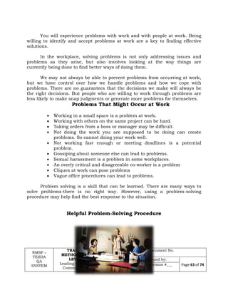 NMSF –
TESDA
QA
SYSTEM
TRAINERS
METHODOLOGY
LEVEL 1
Leading Workplace
Communication
Date Developed:
March 1, 2012
Document No.
Developed by:
Victoria A. Sumayod
Issued by:
Page 63 of 74Revision #___
You will experience problems with work and with people at work. Being
willing to identify and accept problems at work are a key to finding effective
solutions.
In the workplace, solving problems is not only addressing issues and
problems as they arise, but also involves looking at the way things are
currently being done to find better ways of doing them.
We may not always be able to prevent problems from occurring at work,
but we have control over how we handle problems and how we cope with
problems. There are no guarantees that the decisions we make will always be
the right decisions. But people who are willing to work through problems are
less likely to make snap judgments or generate more problems for themselves.
Problems That Might Occur at Work
 Working in a small space is a problem at work.
 Working with others on the same project can be hard.
 Taking orders from a boss or manager may be difficult.
 Not doing the work you are supposed to be doing can create
problems. So cannot doing your work well.
 Not working fast enough or meeting deadlines is a potential
problem.
 Gossiping about someone else can lead to problems.
 Sexual harassment is a problem in some workplaces.
 An overly critical and disagreeable co-worker is a problem
 Cliques at work can pose problems
 Vague office procedures can lead to problems.
Problem solving is a skill that can be learned. There are many ways to
solve problems-there is no right way. However, using a problem-solving
procedure may help find the best response to the situation.
Helpful Problem-Solving Procedure
 