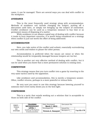 NMSF –
TESDA
QA
SYSTEM
TRAINERS
METHODOLOGY
LEVEL 1
Leading Workplace
Communication
Date Developed:
March 1, 2012
Document No.
Developed by:
Victoria A. Sumayod
Issued by:
Page 65 of 74Revision #___
cases, it can be managed. There are several ways you can deal with conflict in
the workplace.
AVOIDANCE
This is the most frequently used strategy along with accommodation.
Methods of avoidance can include changing the subject, putting off a
discussion until later, or simply not bringing up the subject of contention.
Conflict avoidance can be used as a temporary measure to buy time or as
permanent means of disposing of a matter.
While avoidance is not always a good way of dealing with conflict because
it tends to bury important concerns, it is worth being considered as a strategy
when conflict is just not worth the effort of being addressed.
ACCOMMODATION
Here, you take notice of the conflict and submit; essentially surrendering
our own needs and wishes to please the other person.
Accommodation is preferred when the issues are minor or when the
relationship would be irreparably damaged because tempers are too hot.
This is another not very effective method of dealing with conflict, but it
can be used when you know that a more permanent solution is coming soon.
COMPETITION
This strategy means that you turn conflict into a game by resorting to the
very same tactics used by the opposition.
Like avoidance and accommodation, this is merely a temporary answer.
Often, conflict returns, perhaps in a more powerful or vicious form.
Be very sure you want to use this strategy because lowering yourself to
someone else’s level rarely shows you in the best light.
COMPROMISE
This is a tactic that entails working out a solution that is acceptable to
those on both side of the conflict.
 