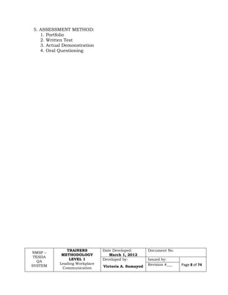 NMSF –
TESDA
QA
SYSTEM
TRAINERS
METHODOLOGY
LEVEL 1
Leading Workplace
Communication
Date Developed:
March 1, 2012
Document No.
Developed by:
Victoria A. Sumayod
Issued by:
Page 8 of 74Revision #___
5. ASSESSMENT METHOD:
1. Portfolio
2. Written Test
3. Actual Demonstration
4. Oral Questioning
 
