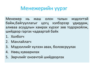 Менежерийн үүрэг
Менежер нь маш олон талын мэдлэгтэй
байж,байгууллагыг цогц хэлбэрээр удирдаж,
аливаа асуудлын хамрах хүрээг зөв тодорхойлж,
шийдвэр гаргах чадвартай байх
1. Холбогч
2. Манлайлагч
3. Мэдээллийг хүлээн авах, боловсруулах
4. Нөөц хуваарилах
5. Зөрчлийг оновчтой шийдвэрлэх
 