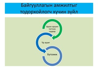 Байгууллагын амжилтыг
тодорхойлогч хүчин зүйл
Удаан оршин
тогтнох
чадвар
Үр ашиг
Бүтээмж
 