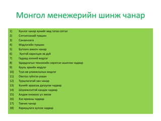 Монгол менежерийн шинж чанар
1) Хүнлэг чанар хүнийг өөд татах сэтгэл
2) Сэтгэлгээний түвшин
3) Санаачлага
4) Мэдлэгийн түвшин
5) Бүтээлч ажилч чанар
6) Хүнтэй харилцах эв дүй
7) Гадаад хэлний мэдлэг
8) Удирдлагын техникийн хэрэгсэл ашиглах чадвар
9) Хууль эрхийн мэдлэг
10) Түүх өв уламжлалын мэдлэг
11) Овсгоо гүйлгээ ухаан
12) Туршлагатай зан чанар
13) Хүнийг араасаа дагуулах чадвар
14) Шүүмжлэлтэй хандах чадвар
15) Алдаж онохоос үл эмээх
16) Хэл ярианы чадвар
17) Тэвчих чанар
18) Хариуцлага хүлээх чадвар
 
