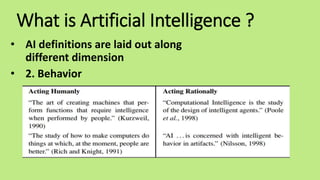 What is Artificial Intelligence ?
• AI definitions are laid out along
different dimension
• 2. Behavior
 