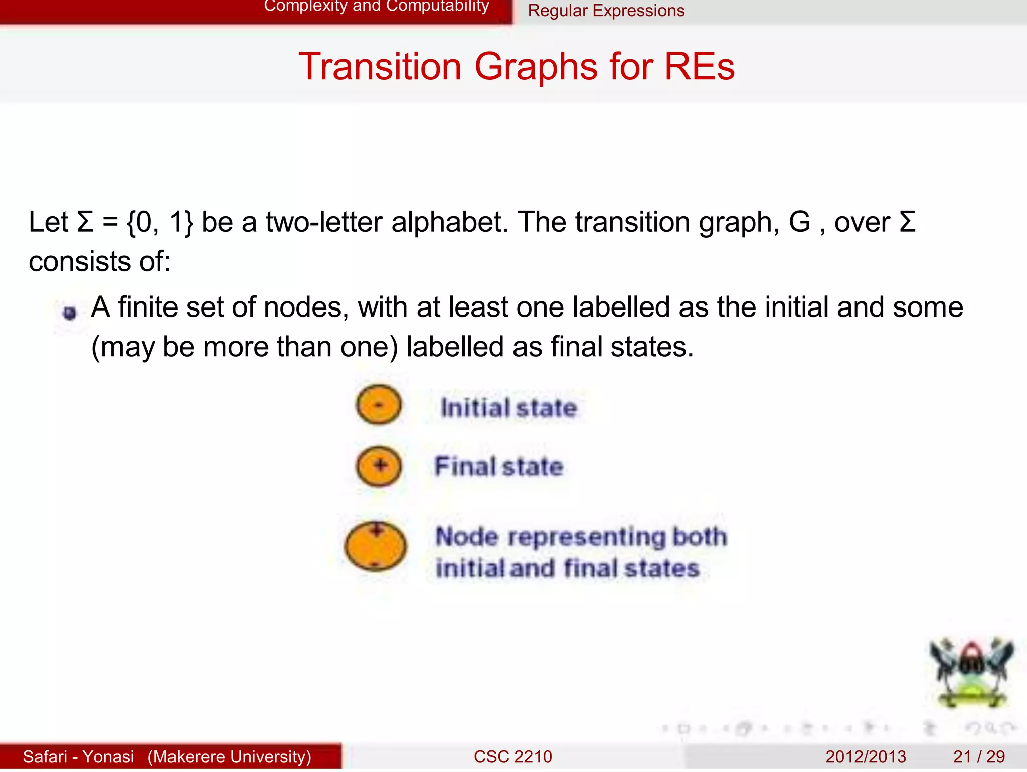 Complexity and Computability Regular Expressions
Transition Graphs for REs
Let Σ = {0, 1} be a two-letter alphabet. The transition graph, G , over Σ
consists of:
A finite set of nodes, with at least one labelled as the initial and some
(may be more than one) labelled as final states.
Safari - Yonasi (Makerere University) CSC 2210 2012/2013 21 / 29
 