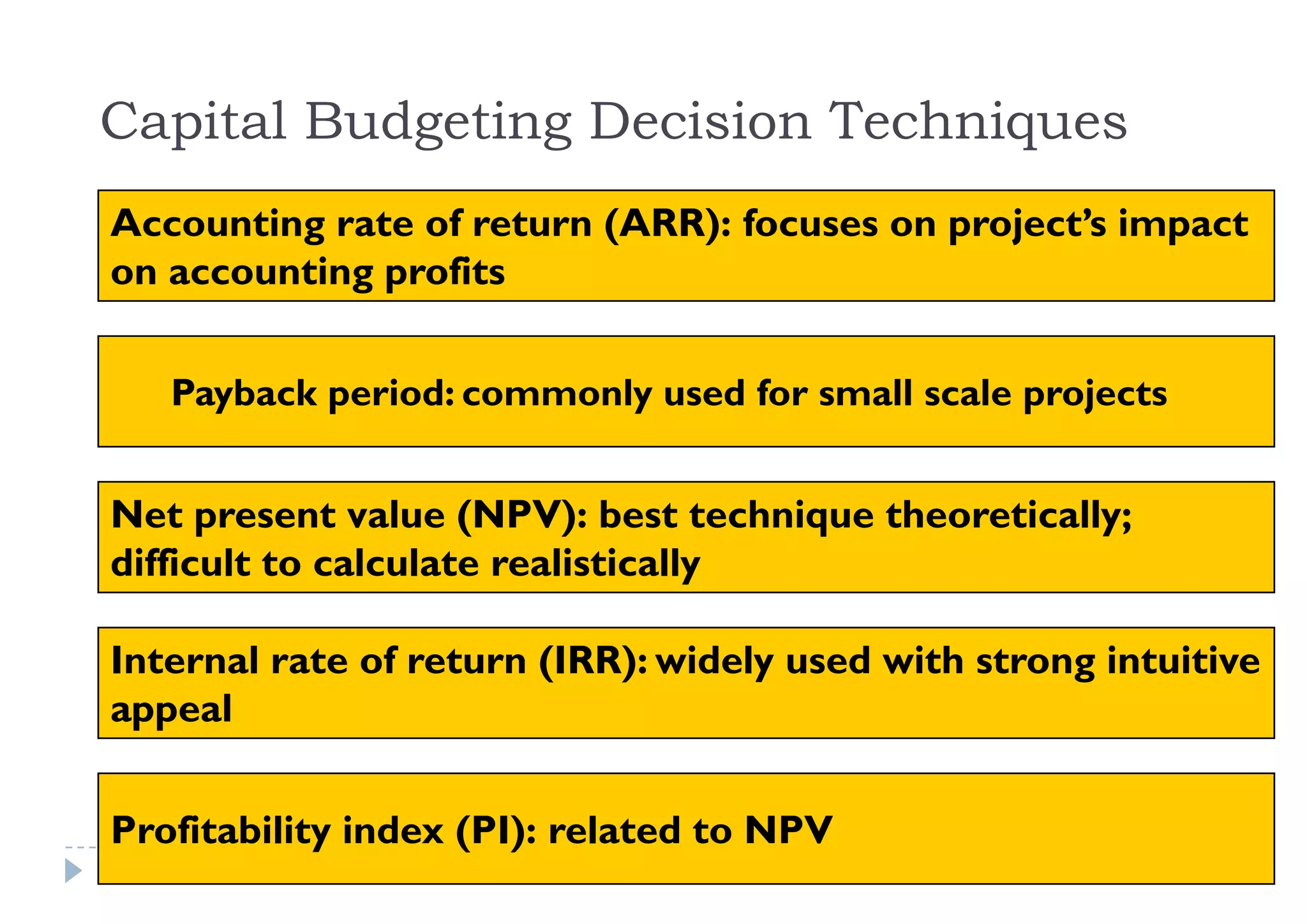Capital Budgeting Decision Techniques
Accounting rate of return (ARR): focuses on project’s impact
                                            project s
on accounting profits


     Payback period: commonly used for small scale projects


Net present value (NPV): best technique theoretically;
difficult to calculate realistically

Internal rate of return (IRR): widely used with strong intuitive
appeal


Profitability index (PI): related to NPV
16
 