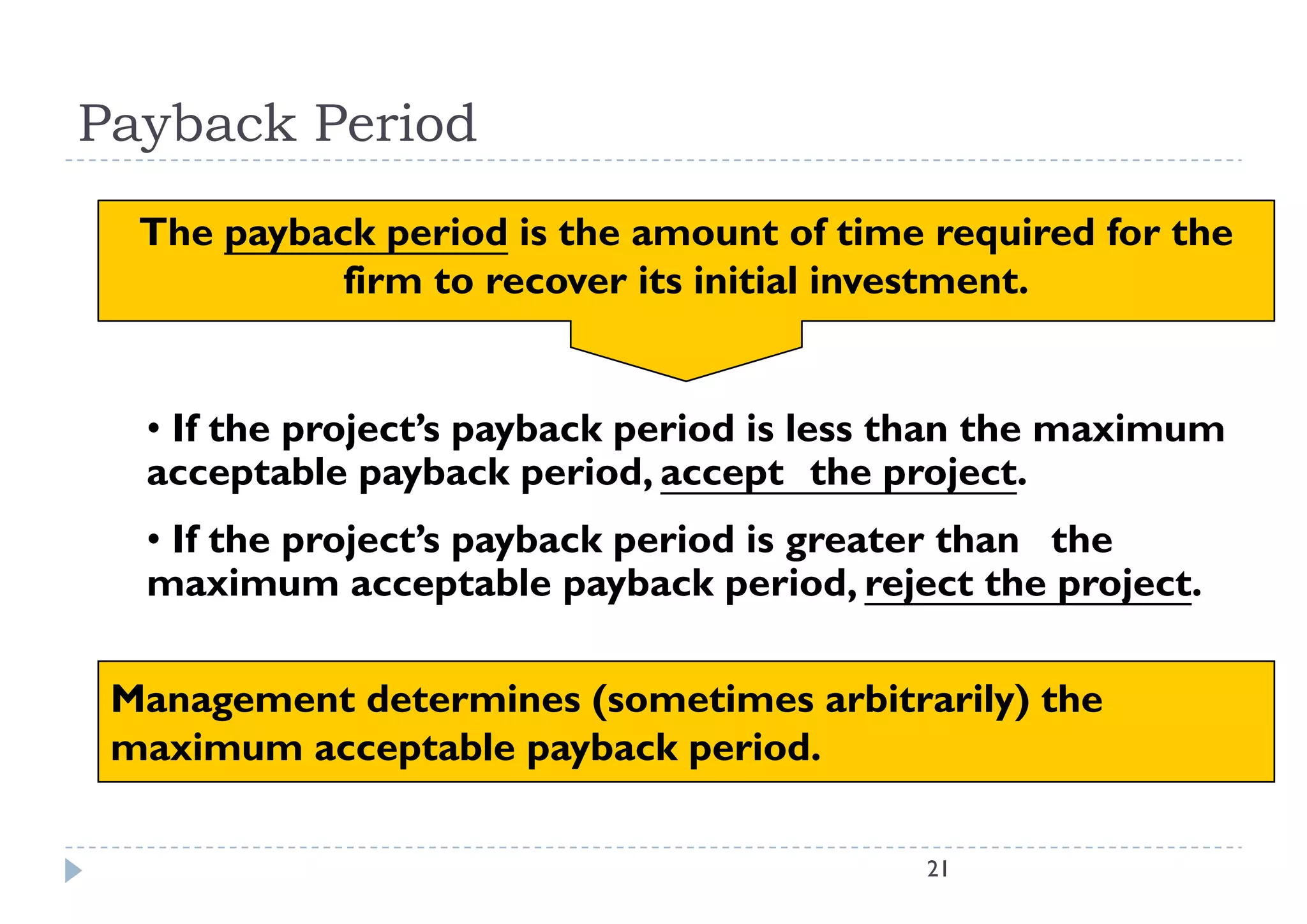 Payback Period
  The payback period is the amount of time required for the
            firm to recover its initial investment.


  • If the project’s payback period is less than the maximum
  acceptable payback period, accept th project.
         t bl      b k     i d        t the     j t
  • If the project’s payback period is greater than the
  maximum acceptable payback period, reject th project.
        i            t bl     b k      i d j t the      j t

 Management determines (
 M        td t     i   (sometimes arbitrarily) th
                             ti     bit il ) the
 maximum acceptable payback period.

                                            21
 