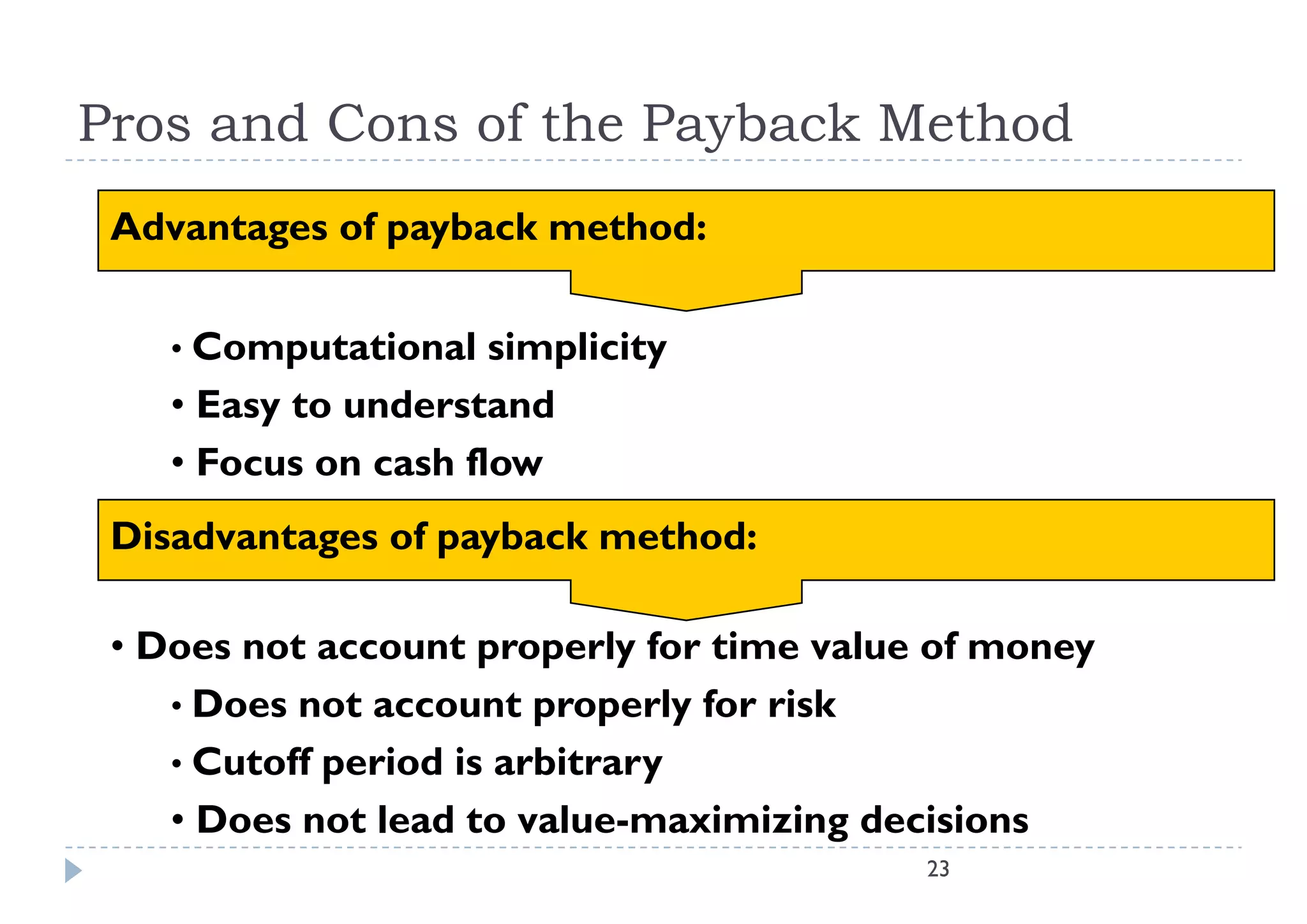 Pros and Cons of the Payback Method
 Advantages of payback method:

    • Computational simplicity
    • Easy to understand
    • Focus on cash flow
 Disadvantages of payback method:

 • Does not account properly for time value of money
    • Does not account properly for risk
    • Cutoff period is arbitrary
    • Does not lead to value-maximizing decisions
                                           23
 