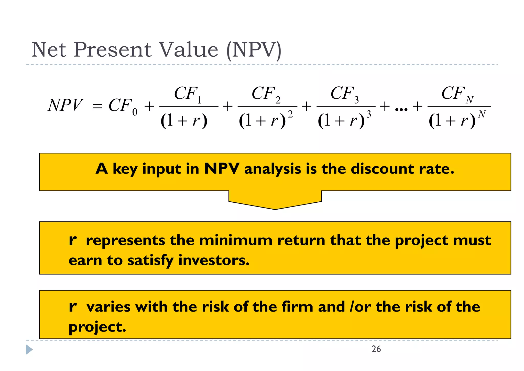 Net Present Value (NPV)
                CF1        CF 2         CF 3               CF N
 NPV  CF 0                                    ... 
              (1  r )   (1  r ) 2
                                      (1  r ) 3
                                                         (1  r ) N

        A key input in NPV analysis is the discount rate.



    r represents the minimum return that the project must
    earn to satisfy investors.

    r varies with the risk of the firm and /or the risk of the
    project.
       j
                                                 26
 