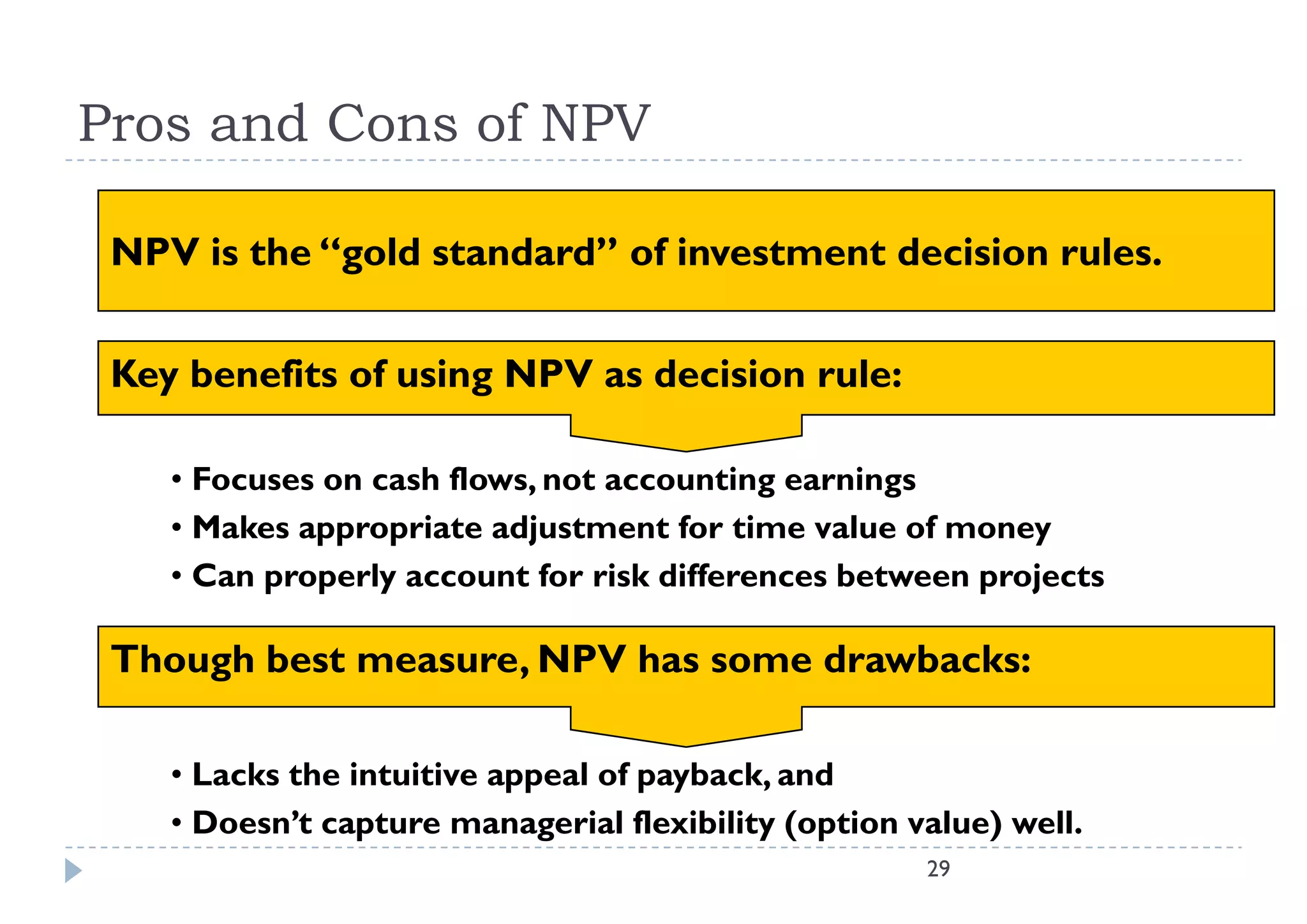 Pros and Cons of NPV

 NPV is the “gold standard” of investment decision rules.


 Key benefits of using NPV as decision rule:

    • Focuses on cash flows, not accounting earnings
    • Makes appropriate adjustment for time value of money
    • Can properly account for risk differences between projects

 Though best measure, NPV has some drawbacks:

    • Lacks the intuitive appeal of payback, and
    • Doesn’t capture managerial flexibility (option value) well.
                                                      29
 