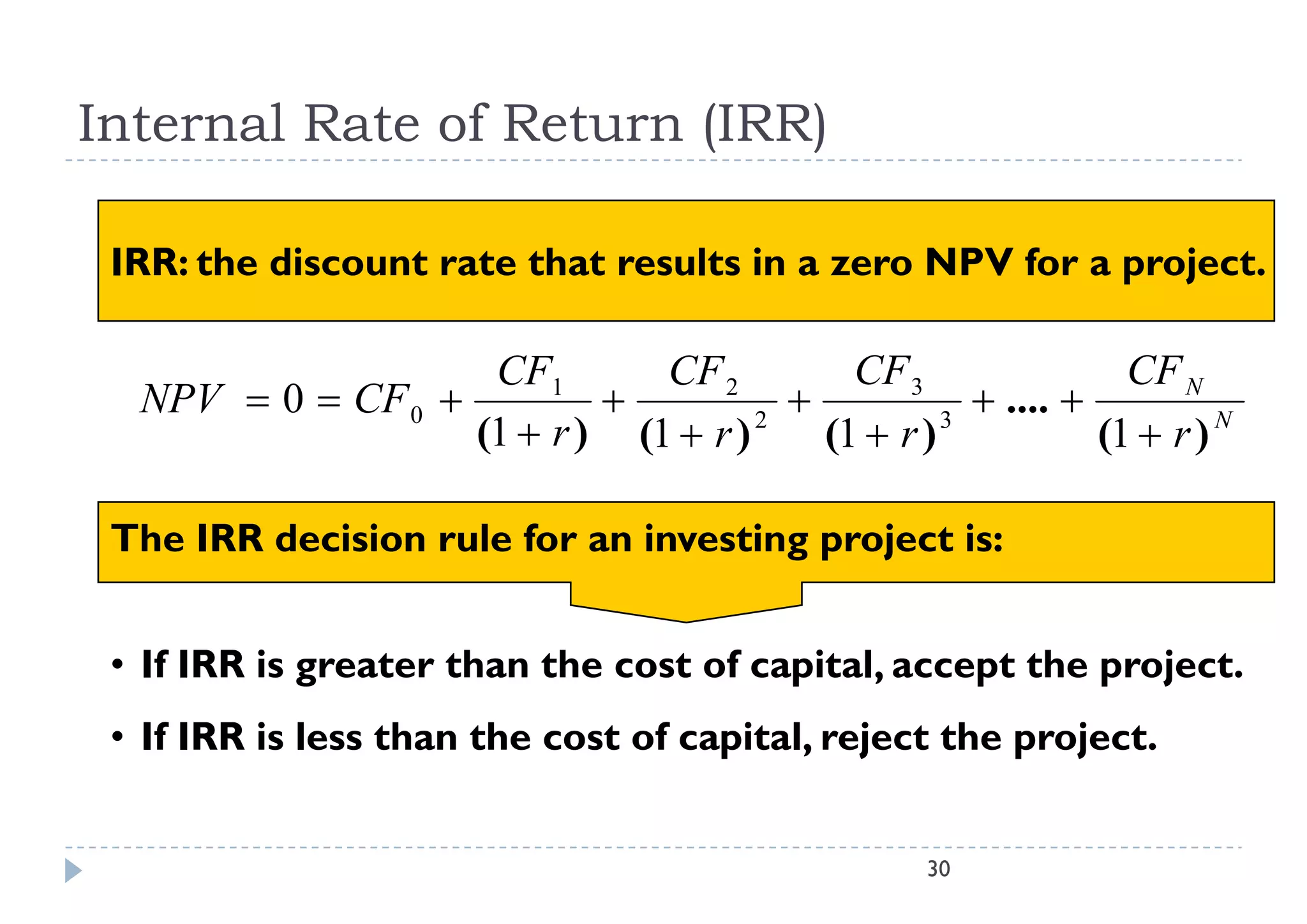 Internal Rate of Return (IRR)

 IRR: the discount rate that results in a zero NPV for a project.

                    CF1       CF 2         CF 3                CF N
  NPV  0  CF 0                                  .... 
                   (1  r ) (1  r ) 2
                                         (1  r ) 3
                                                             (1  r ) N

 The IRR decision rule for an investing project is:


 • If IRR is greater than the cost of capital, accept the project.
 • If IRR is less than the cost of capital, reject the project.


                                                   30
 