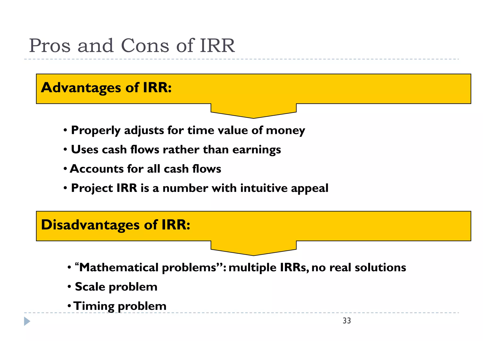 Pros and Cons of IRR

 Advantages of IRR:

    • Properly adjusts for time value of money
    • Uses cash flows rather than earnings
    • Accounts for all cash flows
    • Project IRR is a number with intuitive appeal


 Disadvantages of IRR:

    • “Mathematical problems”: multiple IRRs, no real solutions
    • Scale problem
    • Timing problem
                                                      33
 