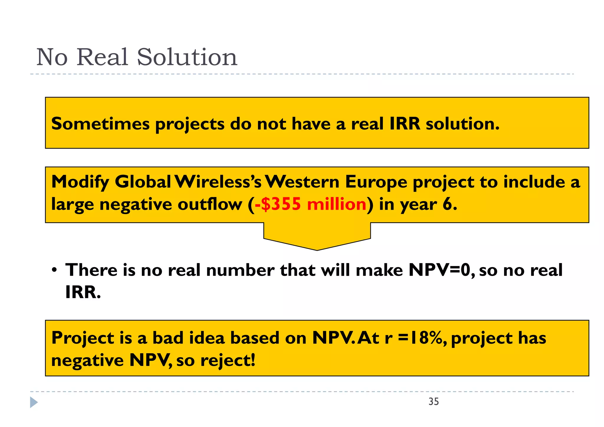 No Real Solution

 Sometimes projects do not have a real IRR solution.


 Modify Global Wireless’s Western Europe project to include a
 large negative outflow (-$355 million) in year 6.
    g    g              (             ) y


 • Th
   There i no real number th t will make NPV=0, so no real
         is      l    b that ill      k NPV 0            l
   IRR.

 Project is a bad idea based on NPV. At r =18%, project has
 negative NPV, so reject!
   g                 j

                                             35
 
