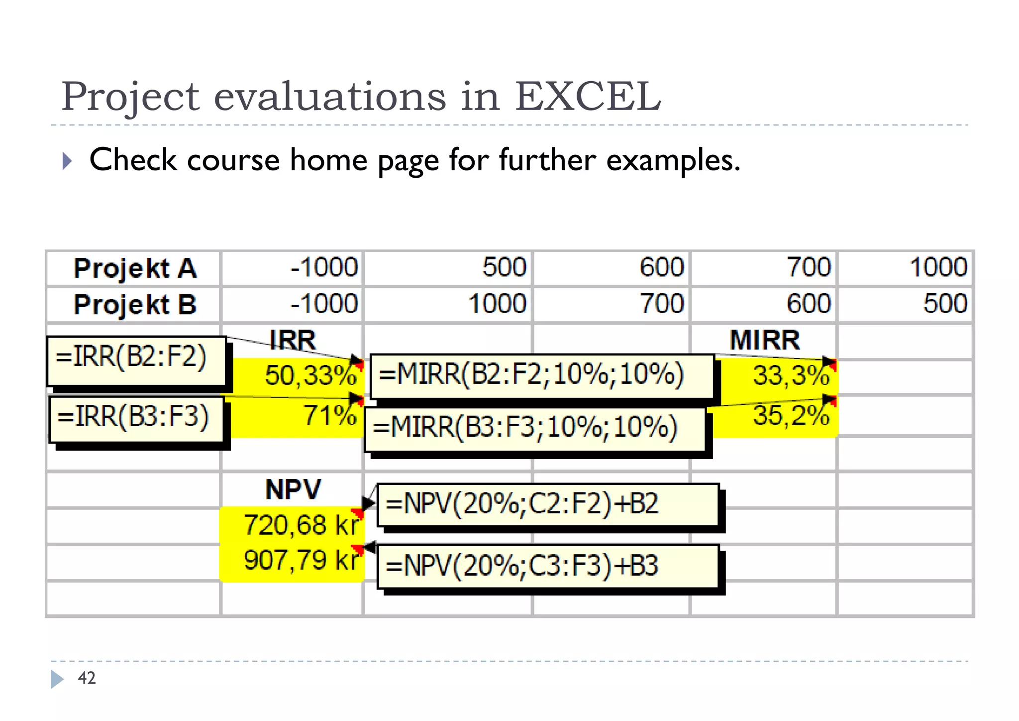 Project evaluations in EXCEL
    Check course home page for further examples.




    42
 