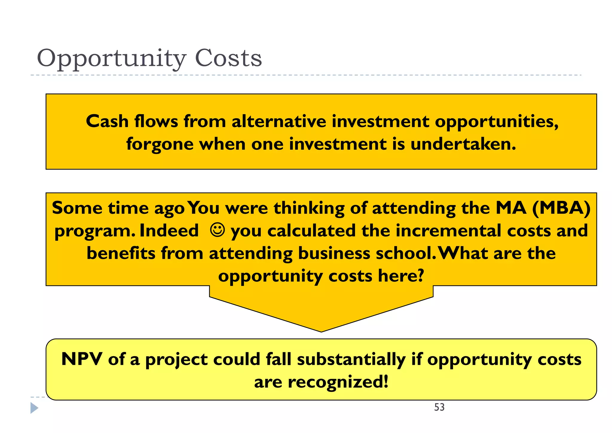 Opportunity Costs

    Cash flows from alternative investment opportunities,
        forgone when one investment is undertaken.


 Some time ago You were thinking of attending the MA (MBA)
              g                 g            g         (   )
 program. Indeed  you calculated the incremental costs and
    benefits from attending business school. What are the
                   opportunity costs here?
                            i        h   ?



  NPV of a project could fall substantially if opportunity costs
                       are recognized!
                                    i d!
                                              53
 