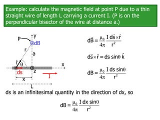 Example: calculate the magnetic field at point P due to a thin
straight wire of length L carrying a current I. (P is on the
perpendicular bisector of the wire at distance a.)
ˆ
μ
4π

0
2
I ds r
dB =
r
ˆ
ˆ θ

ds r = ds sin k
μ θ
4π
0
2
I ds sin
dB =
r
ds is an infinitesimal quantity in the direction of dx, so
μ θ
4π
0
2
I dx sin
dB =
r
I
y
r
x
dB
P
ds

r̂
x
z

a
L
 