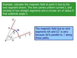 Example: calculate the magnetic field at point O due to the
wire segment shown. The wire carries uniform current I, and
consists of two straight segments and a circular arc of radius R
that subtends angle .
ds
r̂
I

A´
C
A
R
C´
The magnetic field due to wire
segments A’A and CC’ is zero
because ds is parallel to along
these paths.
r̂
 