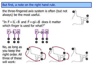 But first, a note on the right hand rule.
the three-fingered axis system is often (but not
always) be the most useful.




  
 
No, as long as
you keep the
right order. All
three of these
will work:


 





“In and does it matter
which finger is used for what?”

F = IL B 
F=qv B

F = IL B 
F=qv B
No, as long as
you keep the
right order.


 


 