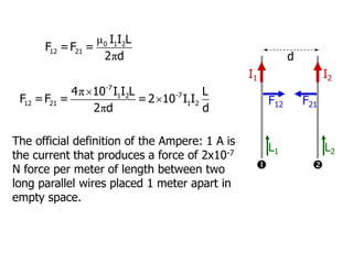 I1 I2


F12 F21
d
L2
L1
The official definition of the Ampere: 1 A is
the current that produces a force of 2x10-7
N force per meter of length between two
long parallel wires placed 1 meter apart in
empty space.
μ
π
0 1 2
12 21
I I L
F =F =
2 d
π
π


-7
-7
1 2
12 21 1 2
4 10 I I L L
F =F = =2 10 I I
2 d d
 