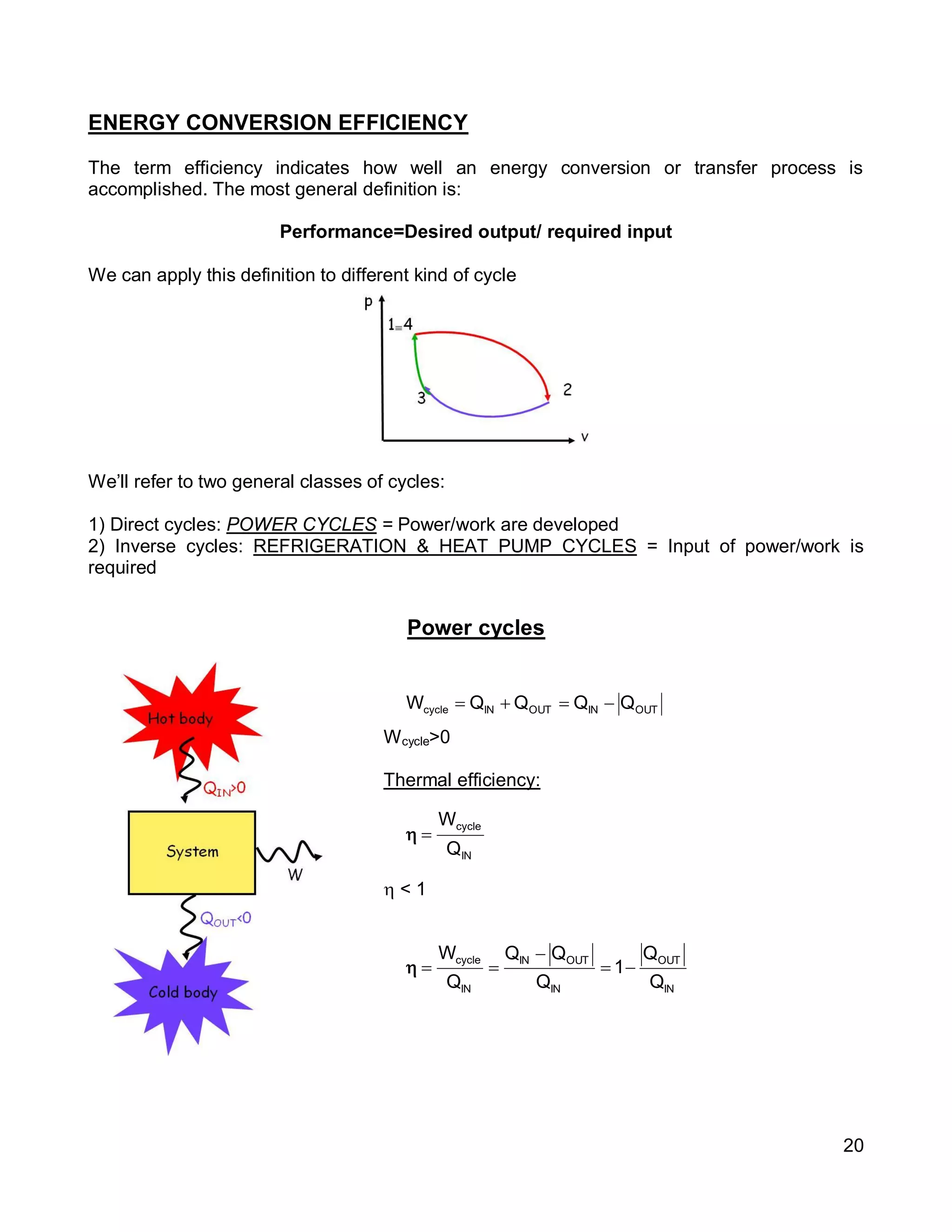 20
ENERGY CONVERSION EFFICIENCY
The term efficiency indicates how well an energy conversion or transfer process is
accomplished. The most general definition is:
Performance=Desired output/ required input
We can apply this definition to different kind of cycle
We’ll refer to two general classes of cycles:
1) Direct cycles: POWER CYCLES = Power/work are developed
2) Inverse cycles: REFRIGERATION & HEAT PUMP CYCLES = Input of power/work is
required
Power cycles
Wcycle>0
Thermal efficiency:
 < 1
OUTINOUTINcycle QQQQW 
IN
cycle
Q
W

IN
OUT
IN
OUTIN
IN
cycle
Q
Q
1
Q
QQ
Q
W



 