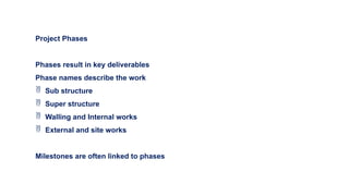 Project Phases
Phases result in key deliverables
Phase names describe the work
 Sub structure
 Super structure
 Walling and Internal works
 External and site works
Milestones are often linked to phases
 