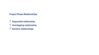 Project Phase Relationships
 Sequential relationship
 Overlapping relationship
 Iterative relationships
 