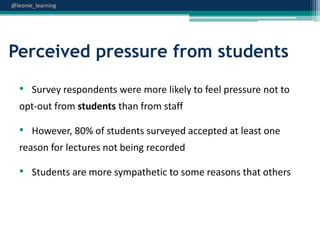 @leonie_learning

Perceived pressure from students
• Survey respondents were more likely to feel pressure not to
opt-out from students than from staff

• However, 80% of students surveyed accepted at least one
reason for lectures not being recorded

• Students are more sympathetic to some reasons that others

 