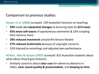 @leonie_learning

Comparison to previous studies:
Gosper et al. (2008) surveyed 139 Australian lecturers on teaching:
• 39% made no substantial changes to lecturing style [ie 61% have]
• 45% more self-aware of spontaneous comments & 23% scripting
their lectures more
• 29% reduced movement around the lecture theatre
• 27% reduced multimedia because of copyright concerns
• 23% listened to recordings and adjusted own performance
McNeil , Woo & Gosper (2007) surveyed 815 Australian students about
what advice they’d give lecturers:
• Similarly concerns about clear cues for where to attend to in
slides, clear sound quality & pronunciation, and keeping to time.

 