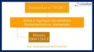 Decreto-Lei n.º 35/2017
Altera a regulação dos produtos
fitofarmacêuticos, transpondo
Diretiva
2009/128/CE
https://dre.pt/application/file/a/106653443
 