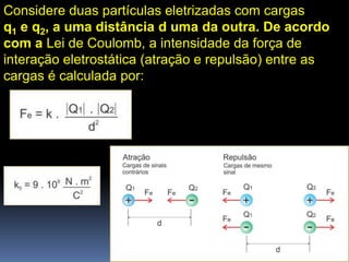 Considere duas partículas eletrizadas com cargas
q1 e q2, a uma distância d uma da outra. De acordo
com a Lei de Coulomb, a intensidade da força de
interação eletrostática (atração e repulsão) entre as
cargas é calculada por:
 