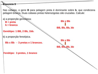 Exercício 9
Nas cobaias, o gene B para pelagem preta é dominante sobre b, que condiciona
pelagem branca. Duas cobaias pretas heterozigotas são cruzadas. Calcule:
a) a proporção genotípica;
b) a proporção fenotípica.
B = preta
b = branca
Bb x Bb → 3 pretas e 1 brancos.
Bb x Bb
BB, Bb, Bb, bb
Bb x Bb
BB, Bb, Bb, bb
Genótipo: 1 BB, 2 Bb, 1bb.
Fenótipo: 3 pretos, 1 branco
 