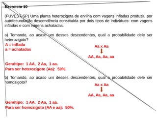 Exercício 10
(FUVEST-SP) Uma planta heterozigota de ervilha com vagens infladas produziu por
autofecundação descendência constituída por dois tipos de indivíduos: com vagens
infladas e com vagens achatadas.
a) Tomando, ao acaso um desses descendentes, qual a probabilidade dele ser
heterozigoto?
b) Tomando, ao acaso um desses descendentes, qual a probabilidade dele ser
homozigoto?
A = inflada
a = achatadas
Genótipo: 1 AA, 2 Aa, 1 aa.
Para ser heterozigoto (Aa): 50%.
Aa x Aa
AA, Aa, Aa, aa
Genótipo: 1 AA, 2 Aa, 1 aa.
Para ser homozigoto (AA e aa): 50%.
Aa x Aa
AA, Aa, Aa, aa
 