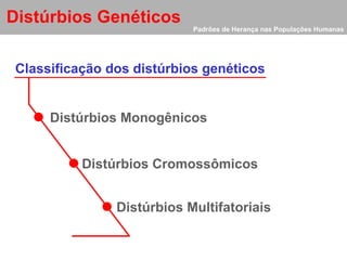 Padrões de Herança nas Populações Humanas Distúrbios Genéticos Classificação dos distúrbios genéticos   Distúrbios Cromossômicos Distúrbios Multifatoriais Distúrbios Monogênicos 