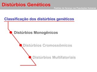 Padrões de Herança nas Populações Humanas Distúrbios Genéticos Classificação dos distúrbios genéticos   Distúrbios Monogênicos Distúrbios Cromossômicos Distúrbios Multifatoriais 