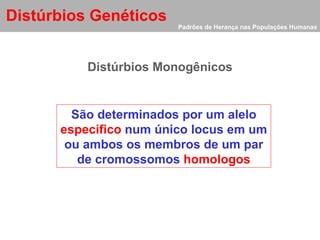 Padrões de Herança nas Populações Humanas Distúrbios Genéticos Distúrbios Monogênicos São determinados por um alelo  especifico  num único locus em um ou ambos os membros de um par de cromossomos  homologos 